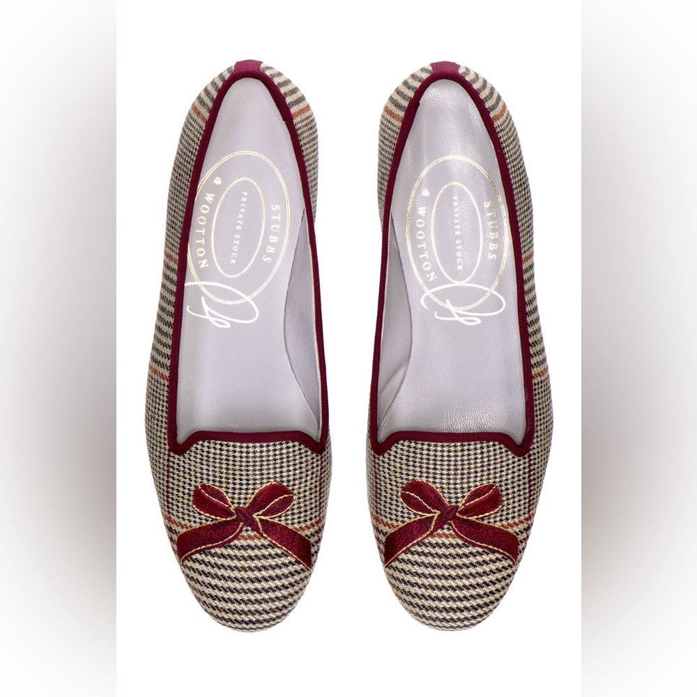 Stubbs & Wootton Burgundy-Trim Plaid BOW RUSSELL SLIPPERS loafers embroidered 7